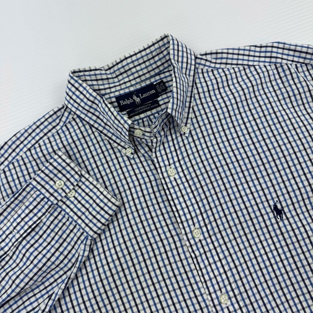 Ralph Lauren Yarmouth Button Down Shirt Mens 17.5 34/35 Blue Check Cotton
